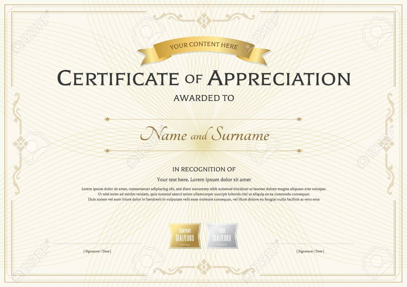 Certificate Of Appreciation Template With Gold Award Ribbon On.. Royalty  Free Cliparts, Vectors, And Stock Illustration. Image 79624210.