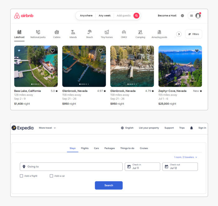 Airbnb’s current home page compared with Expedia’s. Each follow a different organizing principle.