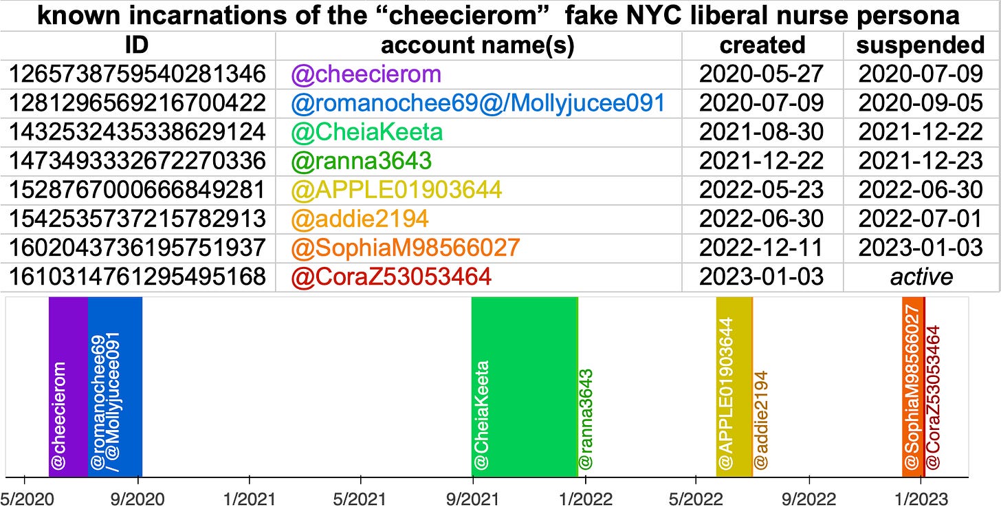 table/timeline of the 8 known incarnations of the "cheecierom" fake NYC liberal nurse persona