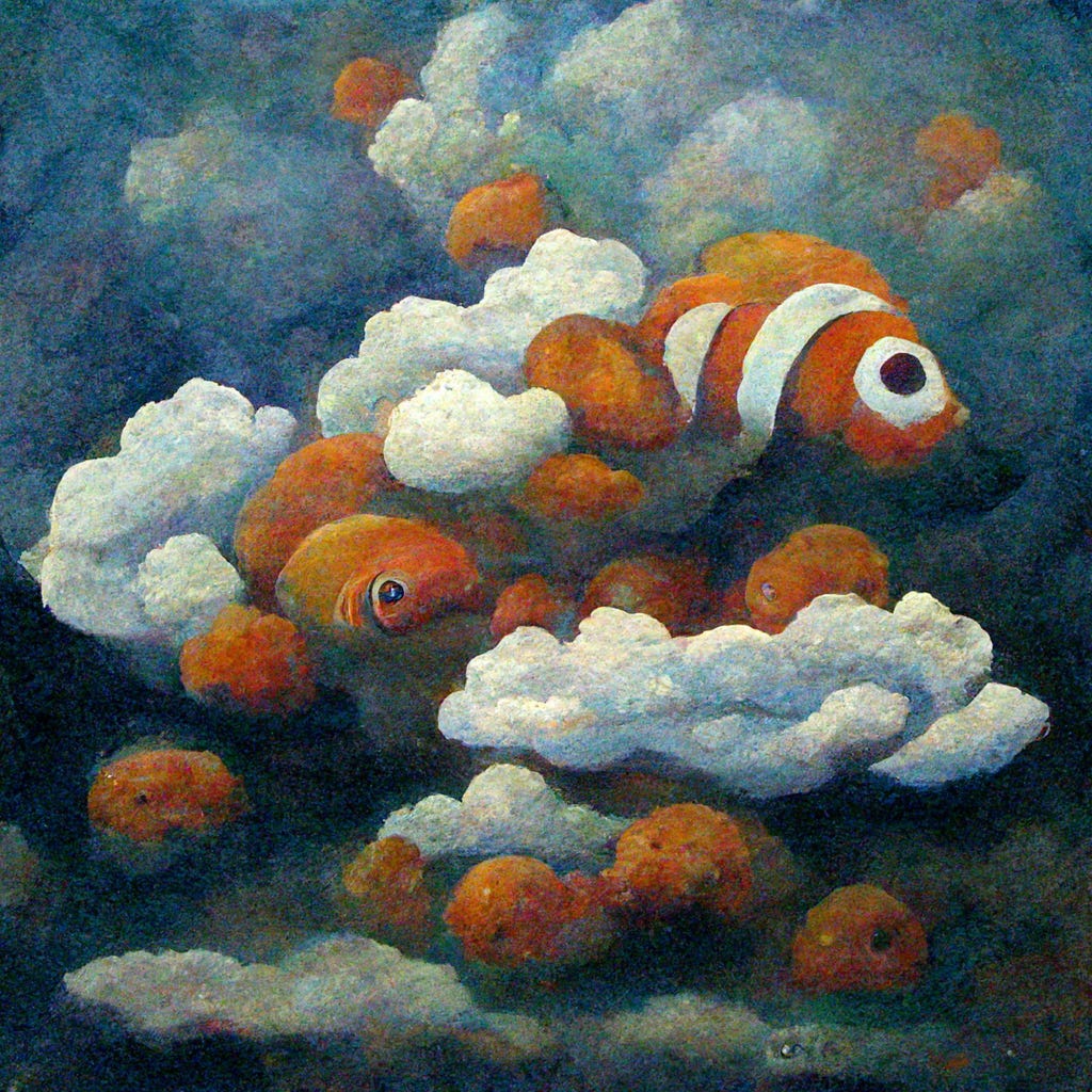 a clown fish in the sky among the clouds paiting in classic oil paiting