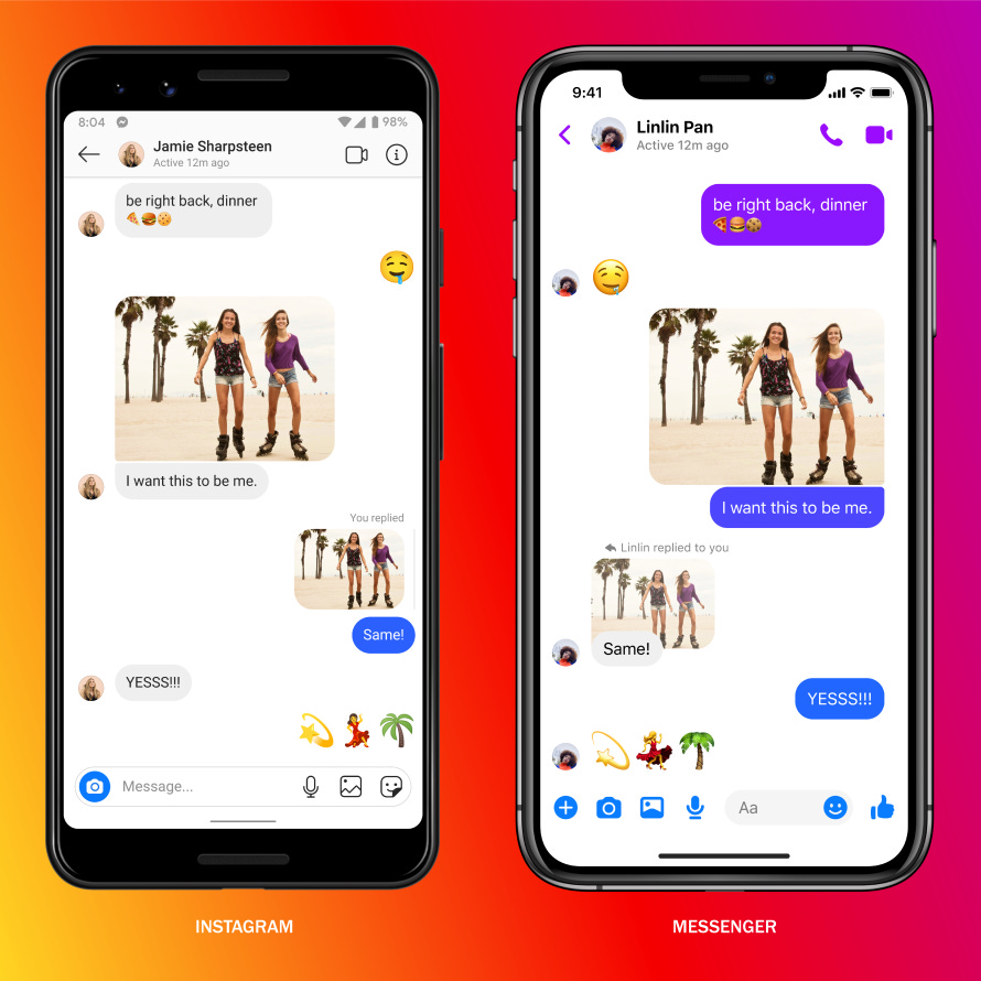 Screenshots of cross-app messaging on Instagram and Messenger
