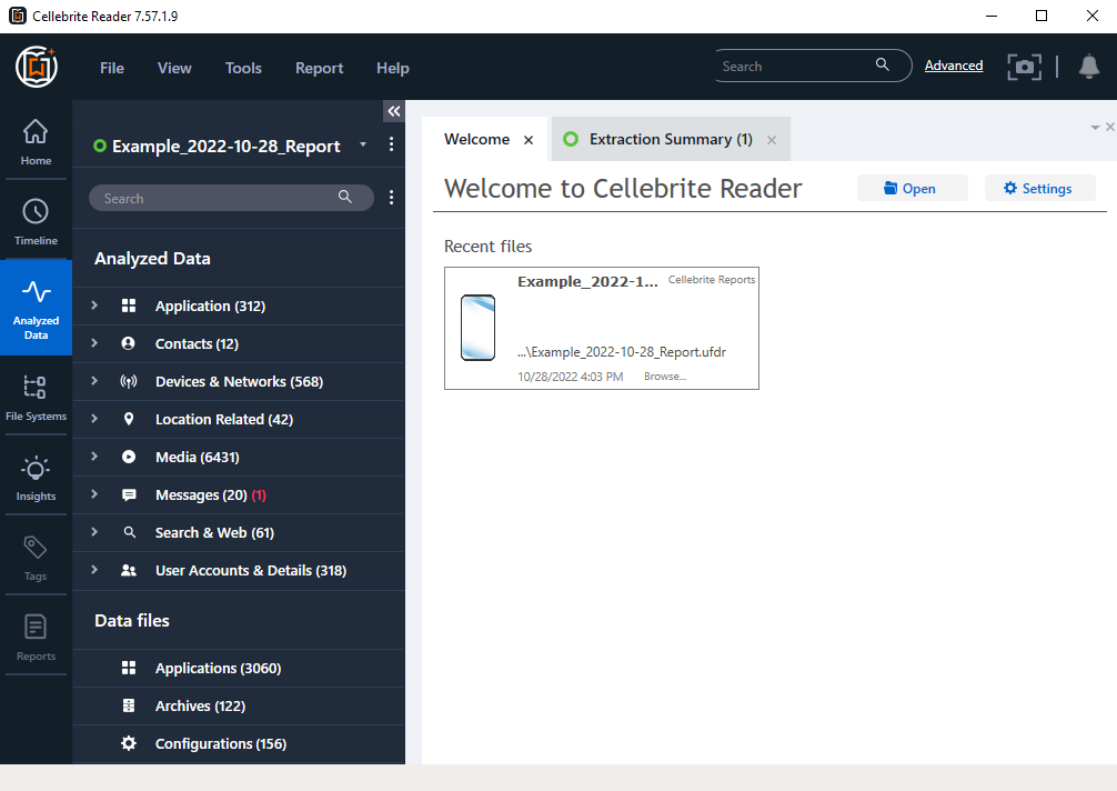 Screenshot of Cellebrite Reader report program used for reviewing phone data.