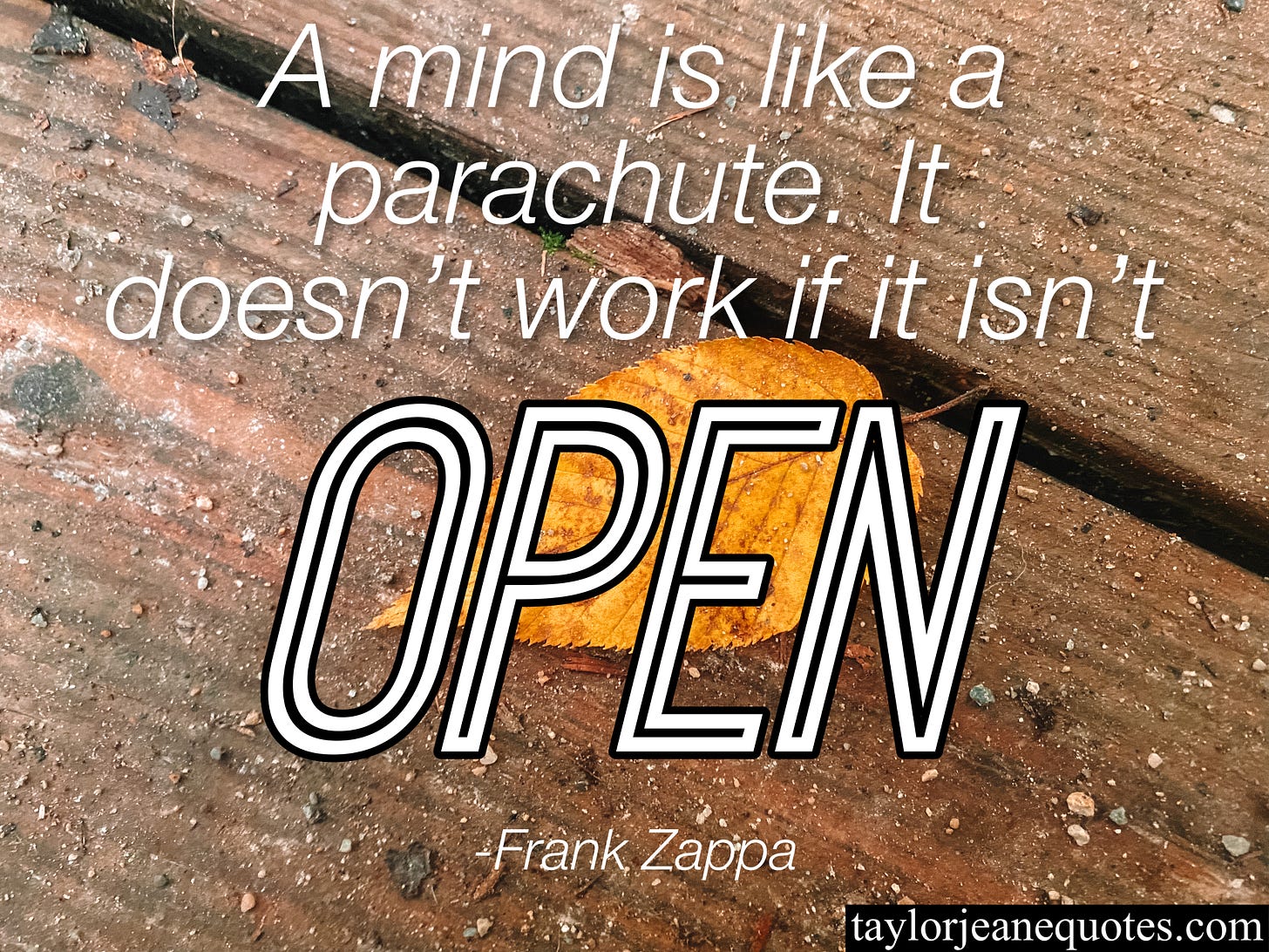 taylor jeane quotes, taylor jeane, taylor wilson, quotes, quote of the day, quote of the day email subscription, quote of the day subscription, motivational quotes, inspirational quotes, positive quotes, open mindedness quotes, open minded quotes, frank zappa, frank zappa quotes, mindset quotes, parachute quotes, the mind is like a parachute quote, life quotes, positive thinking quotes