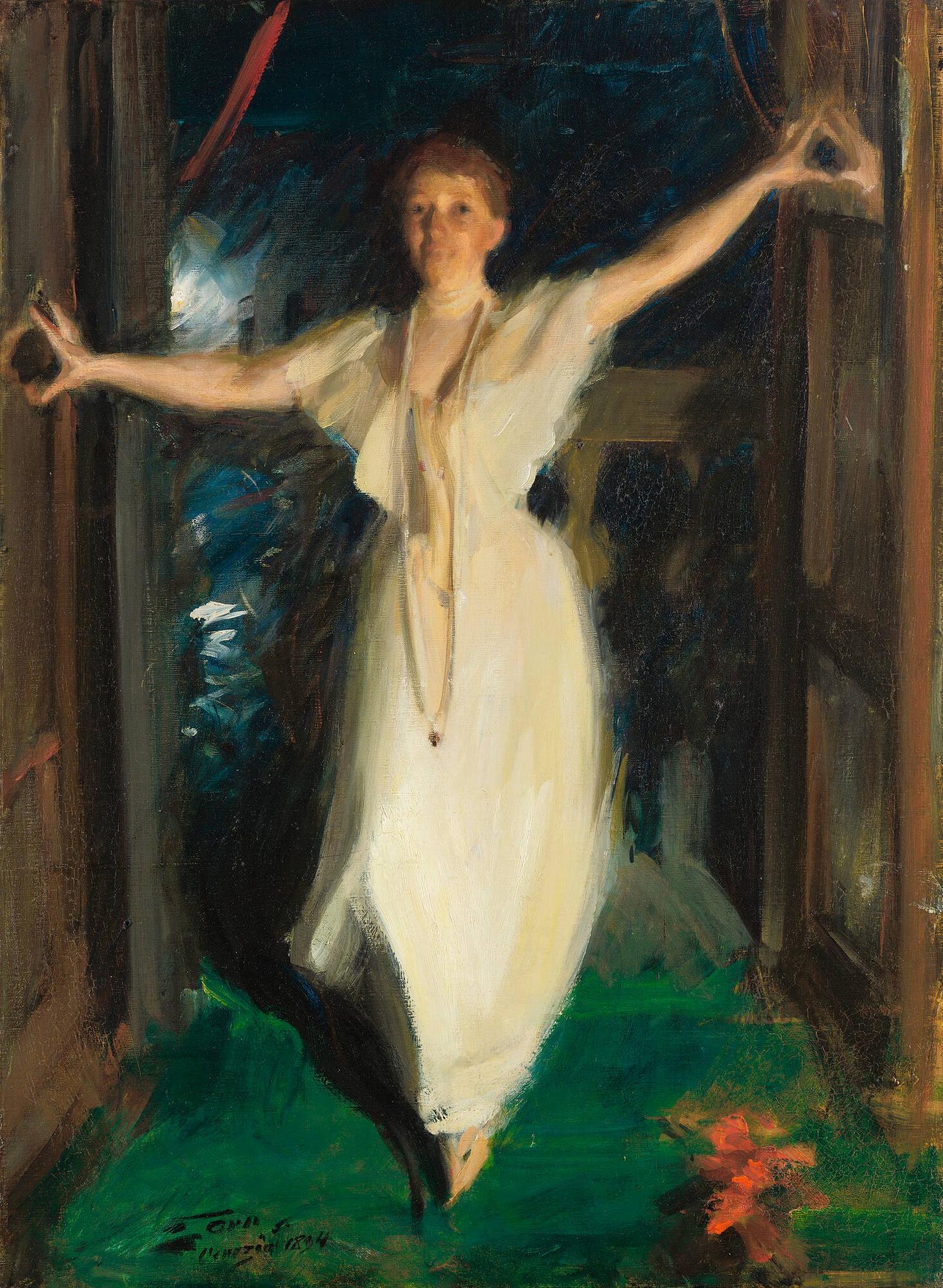 An oil painting of Isabella Stewart Gardner, who appears in a long white dress and pearl necklace at the doors of a balcony in the evening. Her arms have just pushed the doors open and she is looking at the viwer.