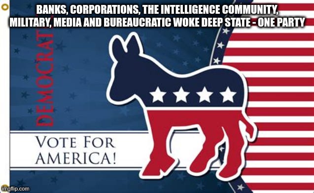  BANKS, CORPORATIONS, THE INTELLIGENCE COMMUNITY, MILITARY, MEDIA AND BUREAUCRATIC WOKE DEEP STATE - ONE PARTY | made w/ Imgflip meme maker