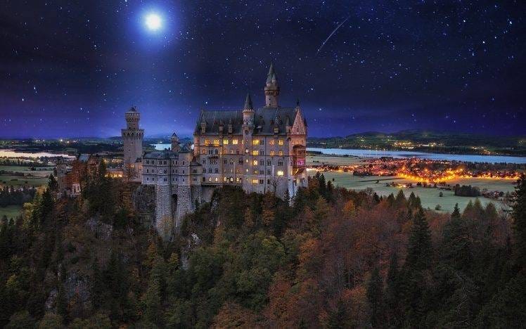 landscape, Nature, Neuschwanstein Castle, Germany, Starry Night, Moon, Valley, Trees, Lights ...