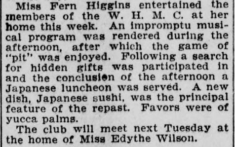 Miss Fern Higgins of Santa Monica, California, serves the ladies of the W.H.M.C a new dish, sushi.