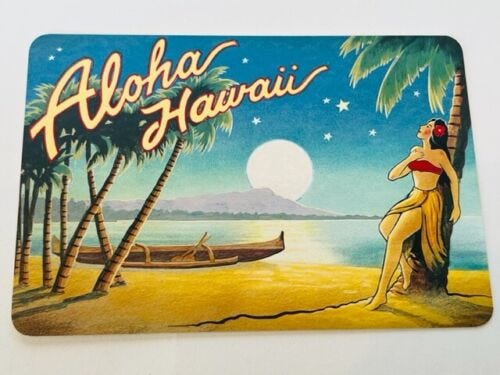 Hawaii Postcard Tiki Bar Surf ephemera post card vtg hula girl aloha beach  moon | eBay