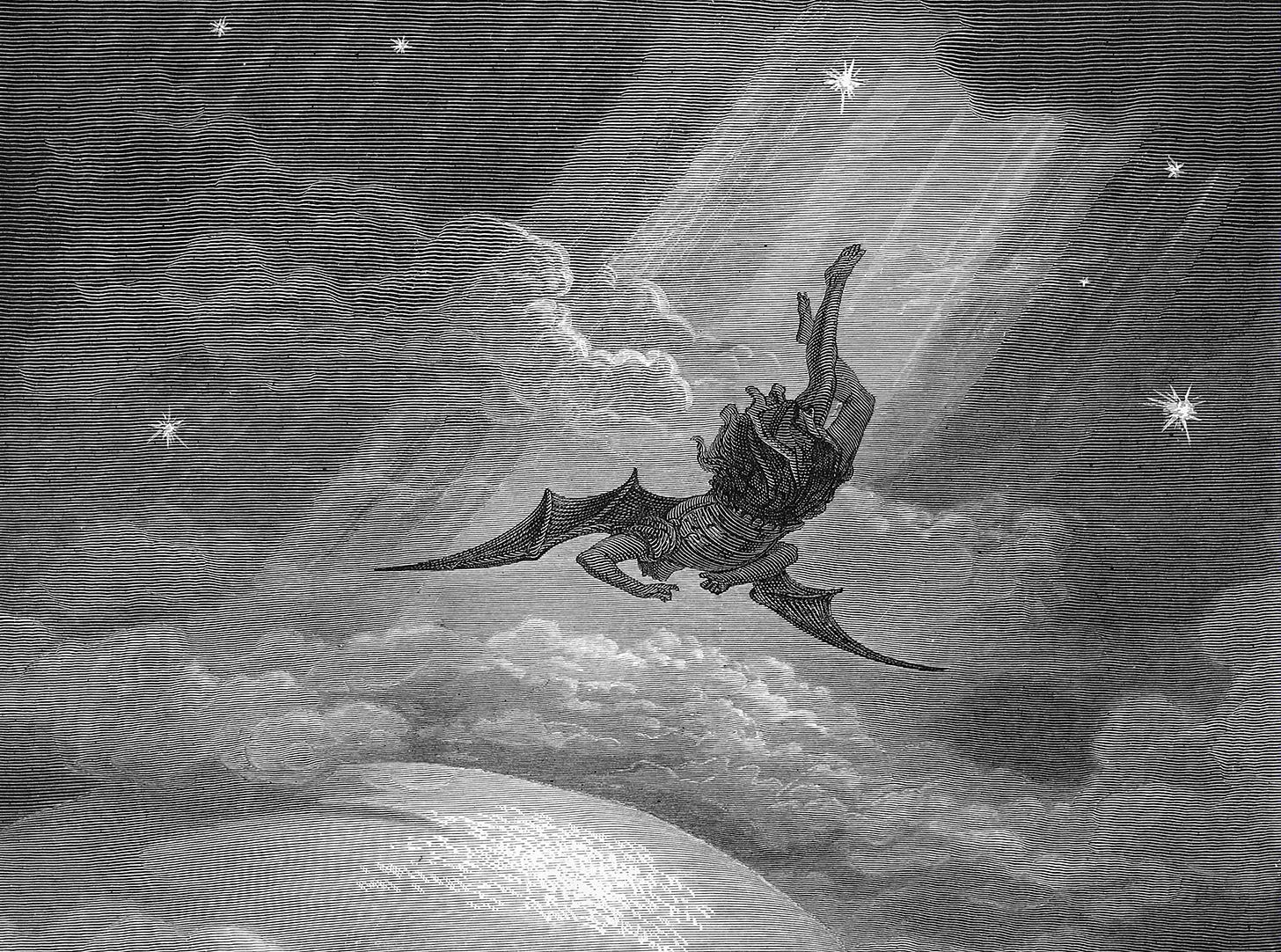 Illustration of Lucifer falling from heaven.