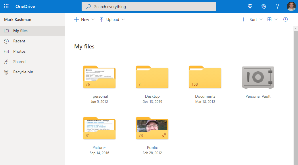 Mark Kashman's OneDrive personal folder - Web view.