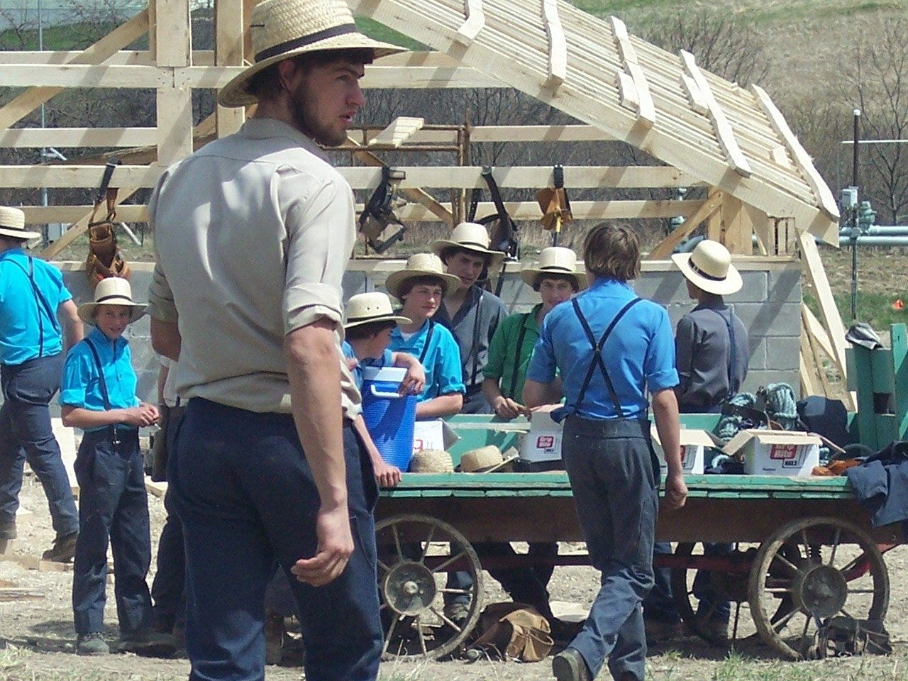 Amish boys in straw hats around a carriage at a barn raising.