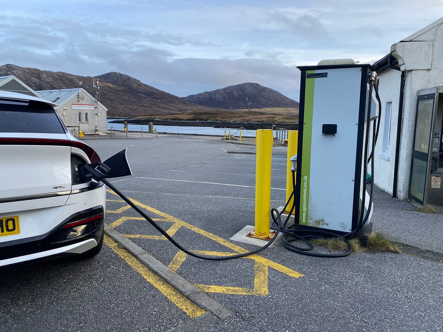 Kia EV6 Electric Vehicle charging at Lochmaddy North Uist Outer Hebrides Andrew Ditton 