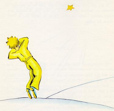 Drawing of a boy falling on a desert dune with a star above his head.