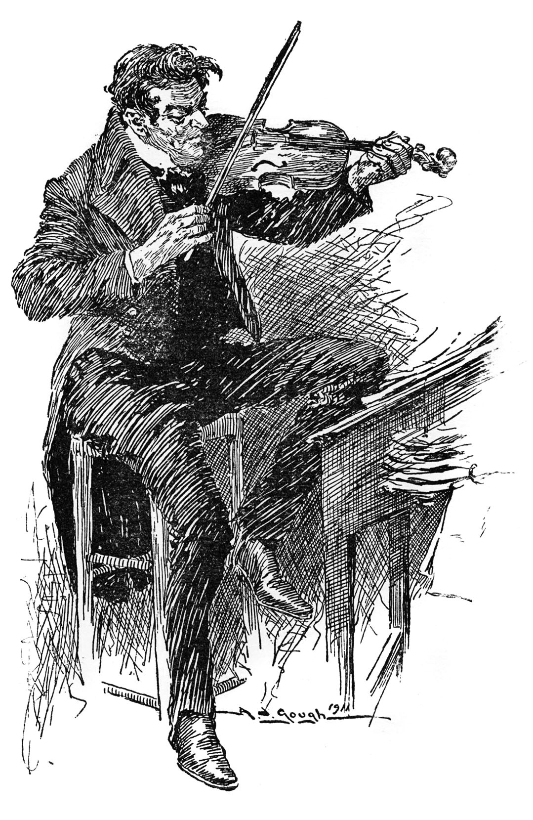 A seated fiddler, drawing his bow across the strings