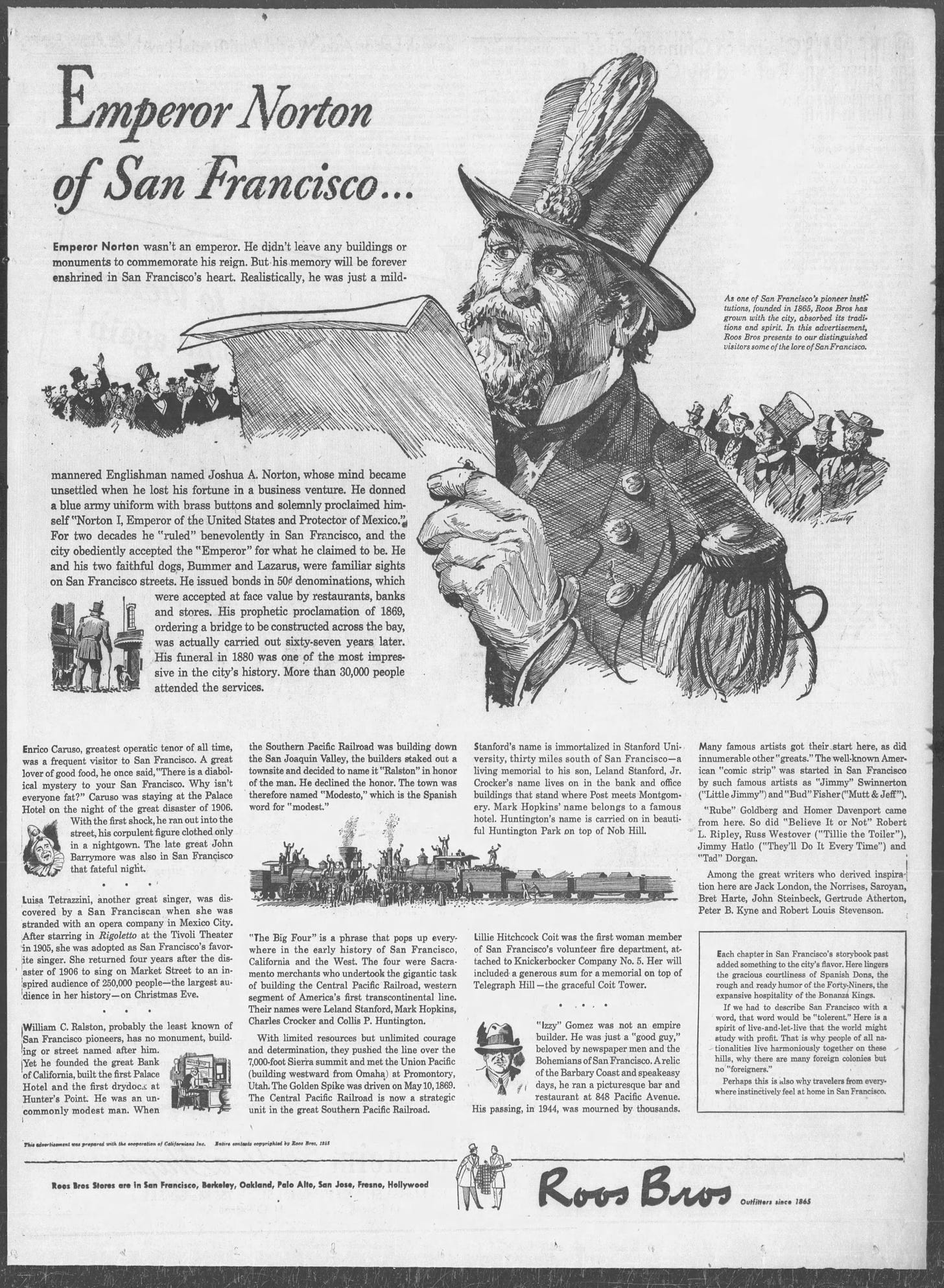 Full page story from the San Francisco Examiner, May 10, 1945. Headline "Emperor Norton of San Francisco". A large illustration dominates the top half of the page and features a middle-aged man wearing a mid 18th century military style uniform with epaulets and a tall hat with plumed feather, and stiff white collar. Emperor Norton, with a beard, is holding a large paper from which he appears to be reading, while in the distance, other men wearing top hats of the era listen and respond with enthusiasm. The article tells the story of Emperor Norton, a mythical figure in San Francisco history.