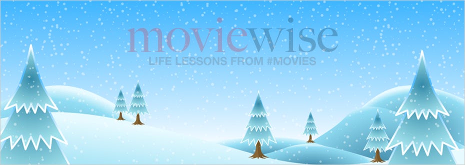 An illustration of a winter landscape with hills and trees covered in snow and the word ‘moviewise’ floating in the sky.