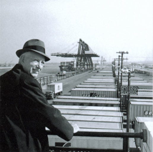 Malcolm McLean at railing, Port Newark, 1957 (7312751706).jpg