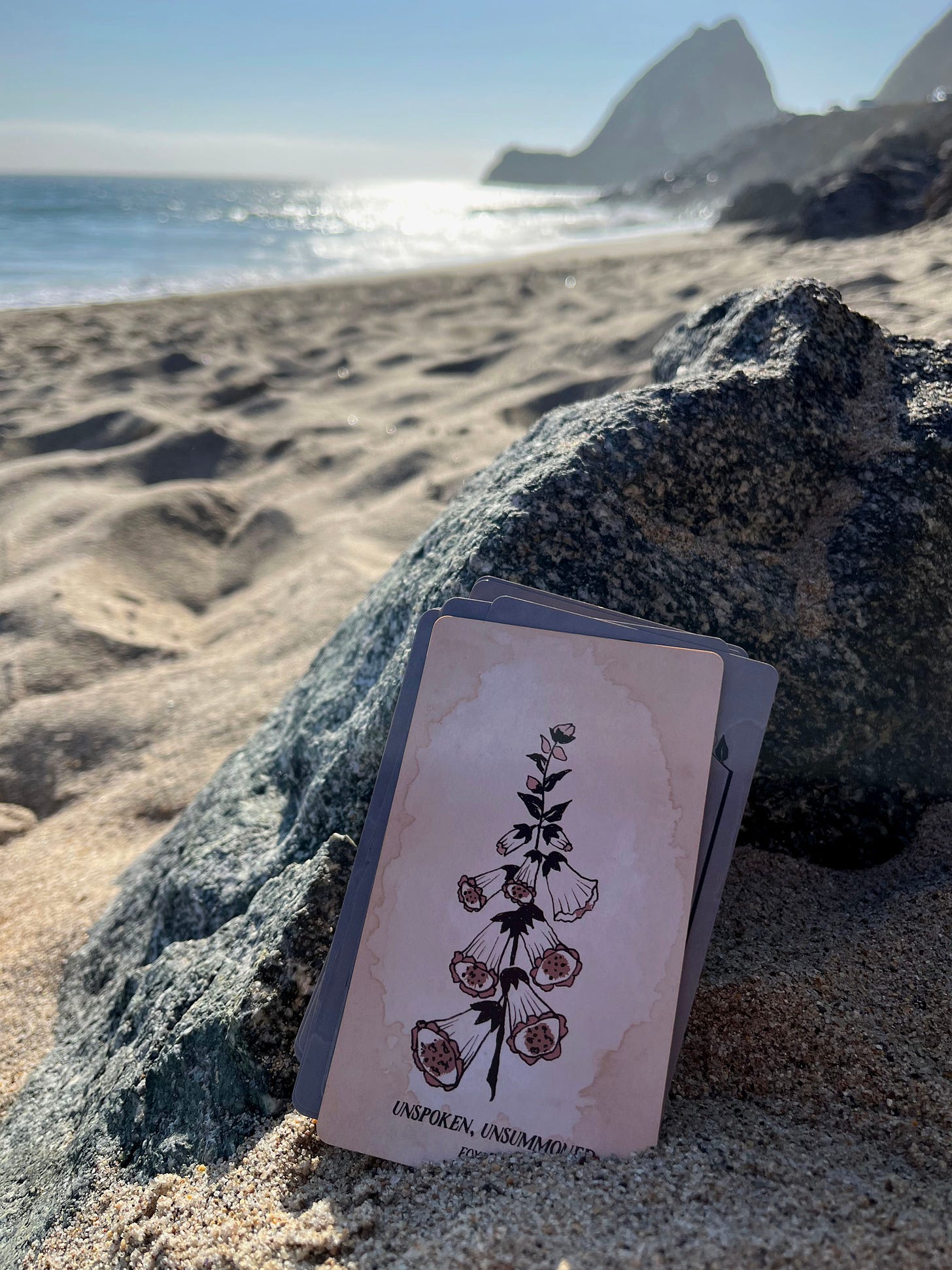 Picture of oracle card Unspoken, Unsummoned resting on a rock at the beach. Blue ocean is behind the rock and cards.