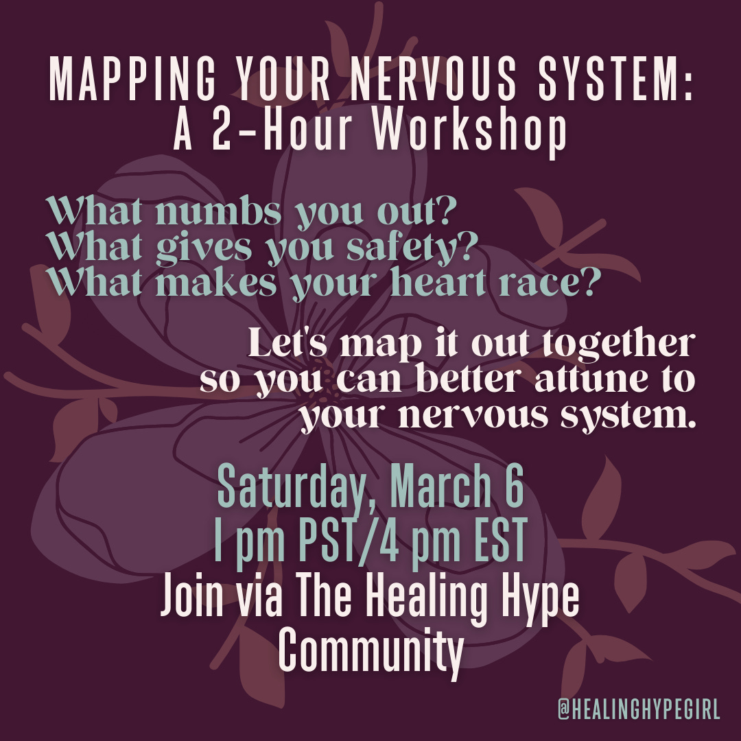 A plum background with a big flower overplayed on it. The flower has lavender petals and peach stems, it is somewhat transparent. Title text on top of the slide in cream color reads “MAPPING YOUR NERVOUS SYSTEM: A 2-Hour Workshop” Below the title, left aligned sage green text states ”What numbs you out? What gives you safety? What makes your heart race?” Below this cream colored right justified text states “Let's map it out together so you can better attune to your nervous system.” Below this centered sage green text states “Saturday, March 6 1 pm PST/4 pm EST” Below this in cream centered text states “Join via The Healing Hype Community” with healinghypegirl tag