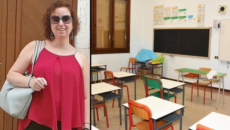 Giovanna Fabrica, the missing teacher, and the classroom where the drama took place (Diennefoto)