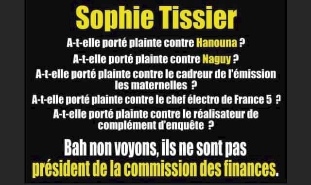 Peut être une image de texte qui dit ’Sophie Tissier A-t-elle porté plainte contre Hanouna ? A-t-elle porté plainte contre Naguy ? A-t-elle porté plainte contre le cadreur de l'émission les maternelles A-t-elle porté plainte contre le chef électro de France 5 ? A-t-elle porté plainte contre le réalisateur de complément l'enquête Bah non voyons, ils ne sont pas président de la commission des finances.’