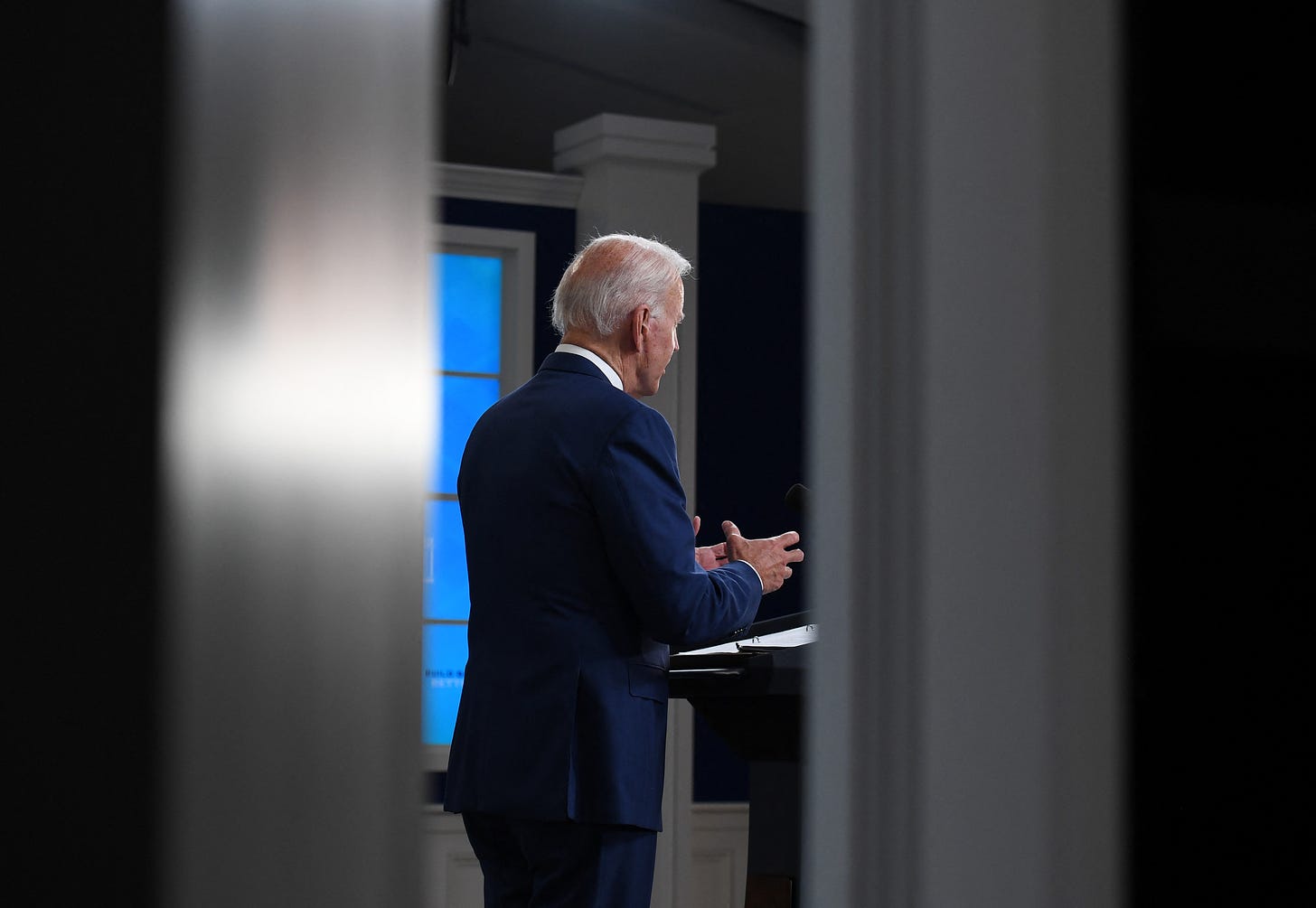 Joe Biden speaks at the White House in Washington, DC, on October 8, 2021. Photo by Oliver Douliery/AFP via Getty Images.