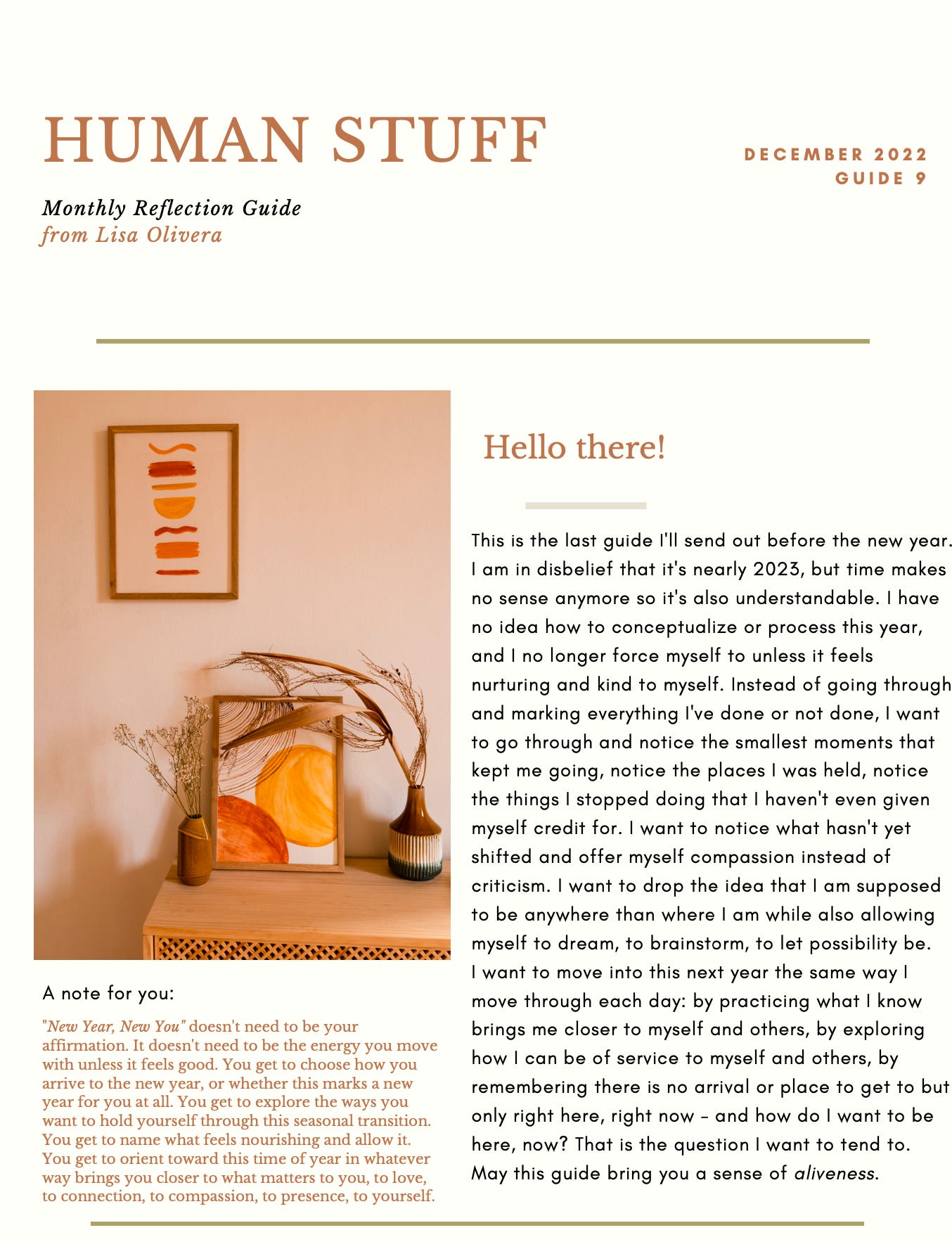 Image of the first page of a newsletter titled Human Stuff Monthly Reflection Guide. Included is a photo of a warmly-lit room, a note about new years not needing to be "new year, new you" energy, and an introduction to this month's guide.