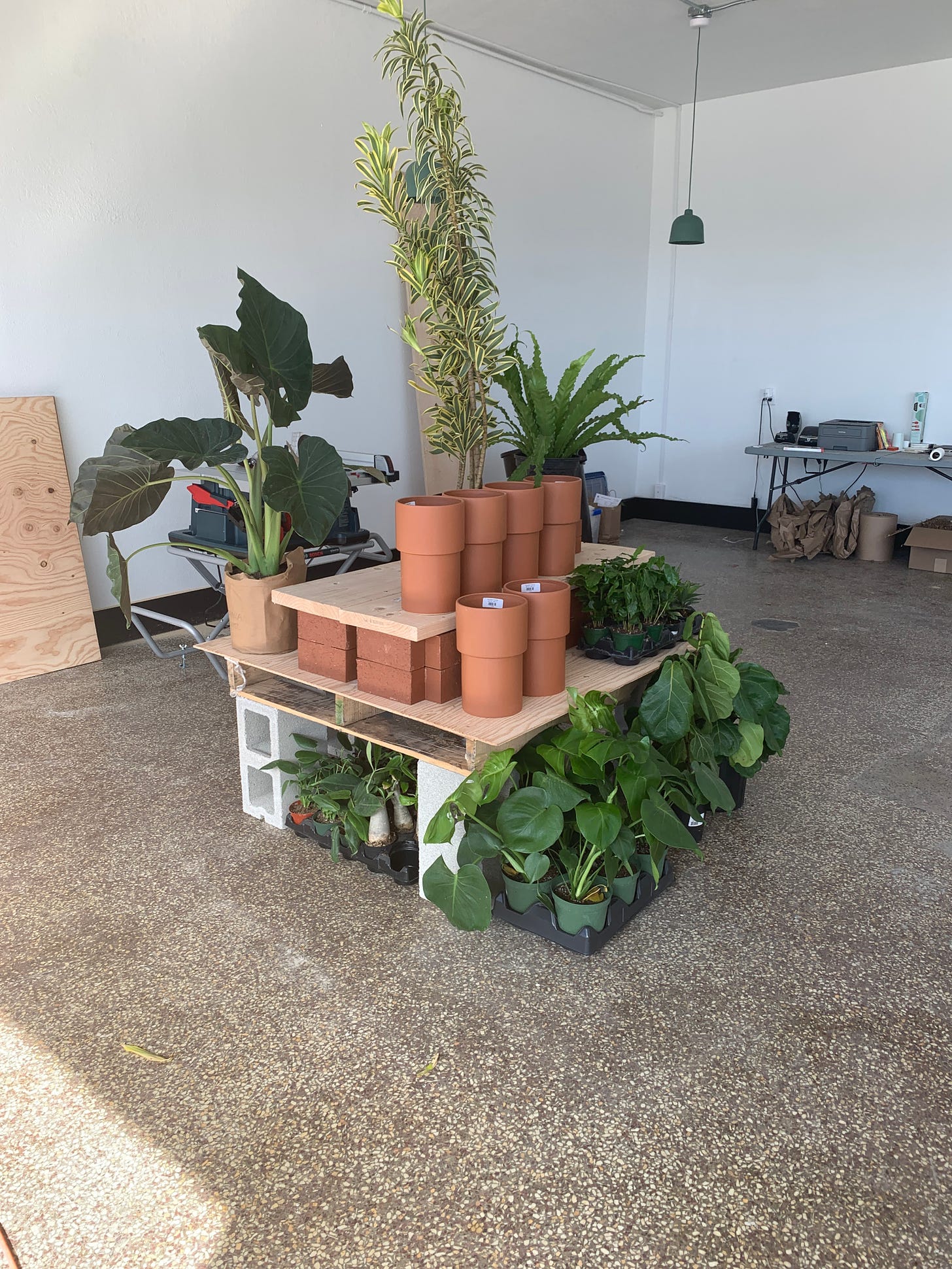 plants and pots on top of a display made out of a wood pallet on cinder blocks