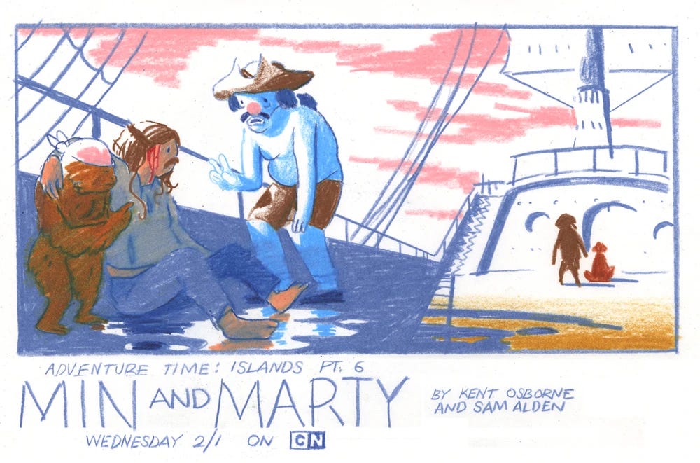 promo art for the adventure time episode min and marty, with details of the episode's airing and production at the bottom, and a drawing of martin mertens, with brown hair and apparent head trauma, on the deck of a boat next to a blue pirate and a monkey