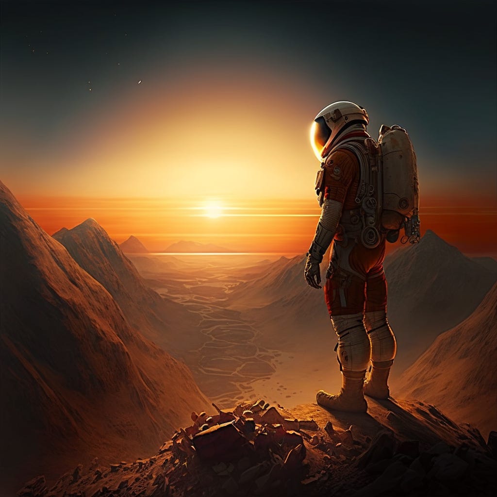 Mark Watney, the protagonist of the movie "The Martian", observes a space module landing on a steep mountain on Mars. The sun is setting on the horizon