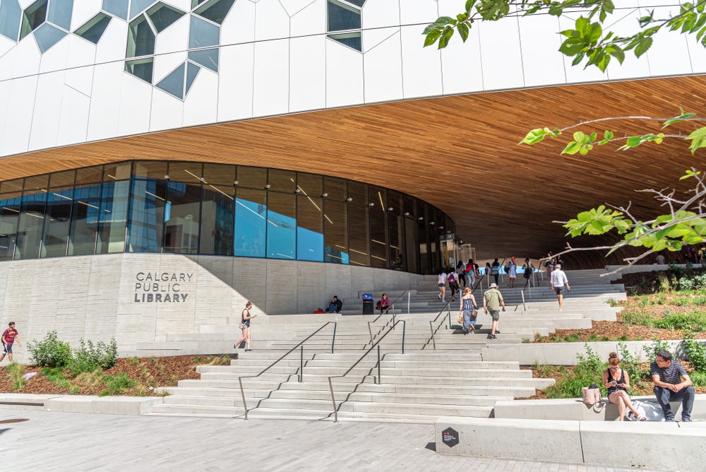 Calgary, Canada - July 26, 2019: Calgary`s brand new main public library in central Calgary. The library recently opened to great fanfare and contains many amenities as well as nice cafe.