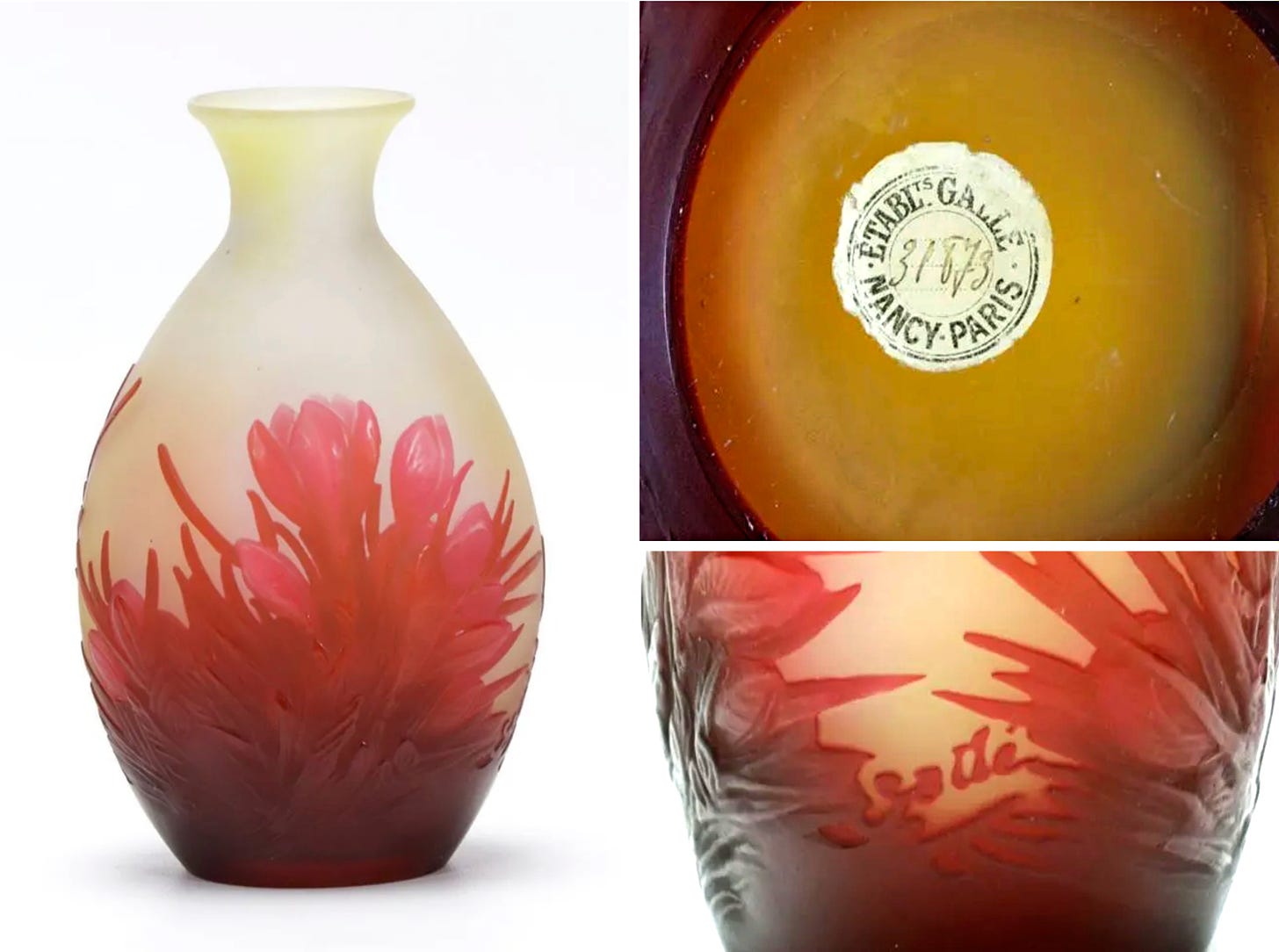Crocus relief vase, Mk IV signed, ca. 1925-1936, with an E7 label numbered 31,873, Montpellier 2021-03-06 #169A.