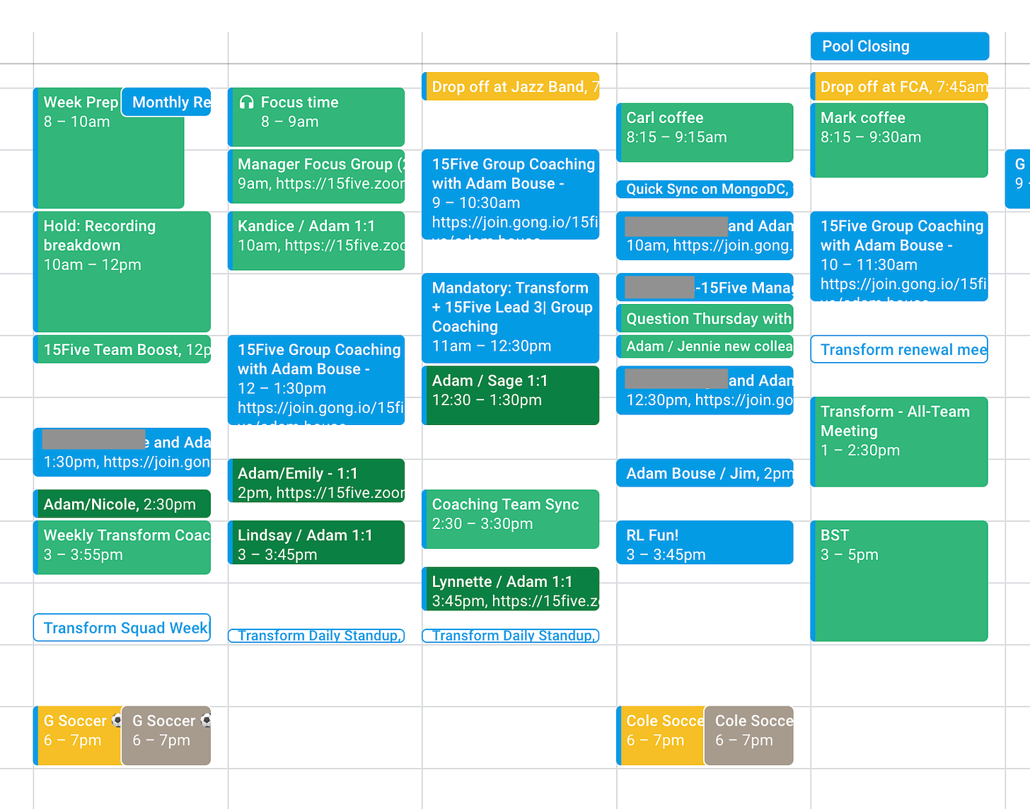 A Google Calendar view that shows 6-10 meetings per day for a work week. 