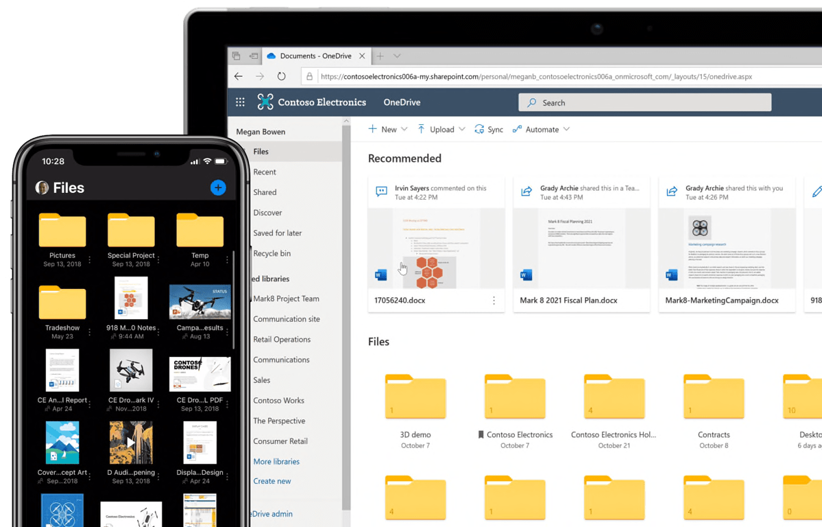 A tablet and phone show files in OneDriveOneDrive cloud storage and file sharing for business - designed for business—access, share, and collaborate on all your files from anywhere.