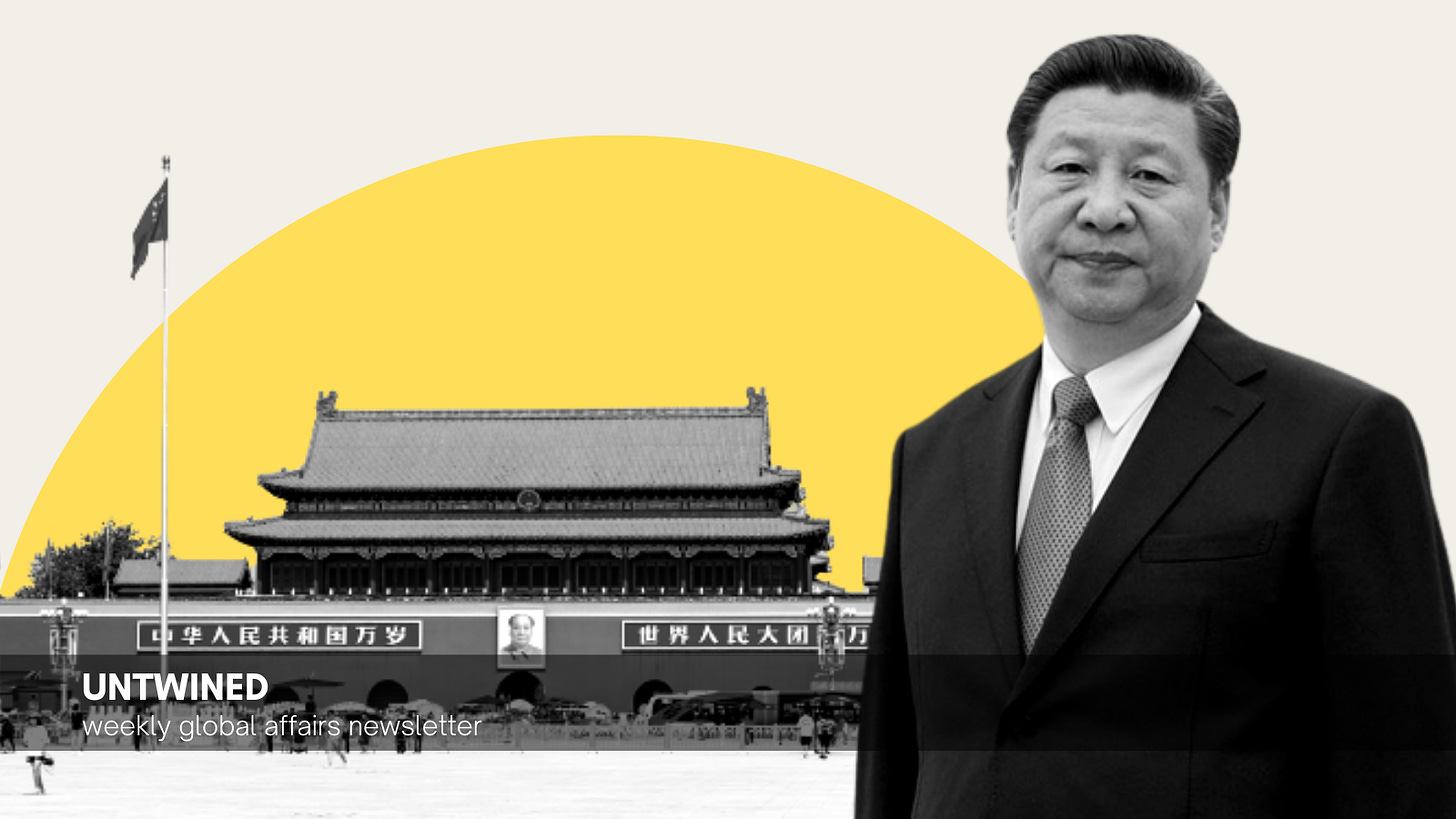 Beijing's Tiananmen Square (background) and Chinese President Xi Jinping (Original image: 美国之音 (Voice of America), Public domain, and N509FZ, CC BY-SA 4.0, via Wikimedia Commons; modified for collage)