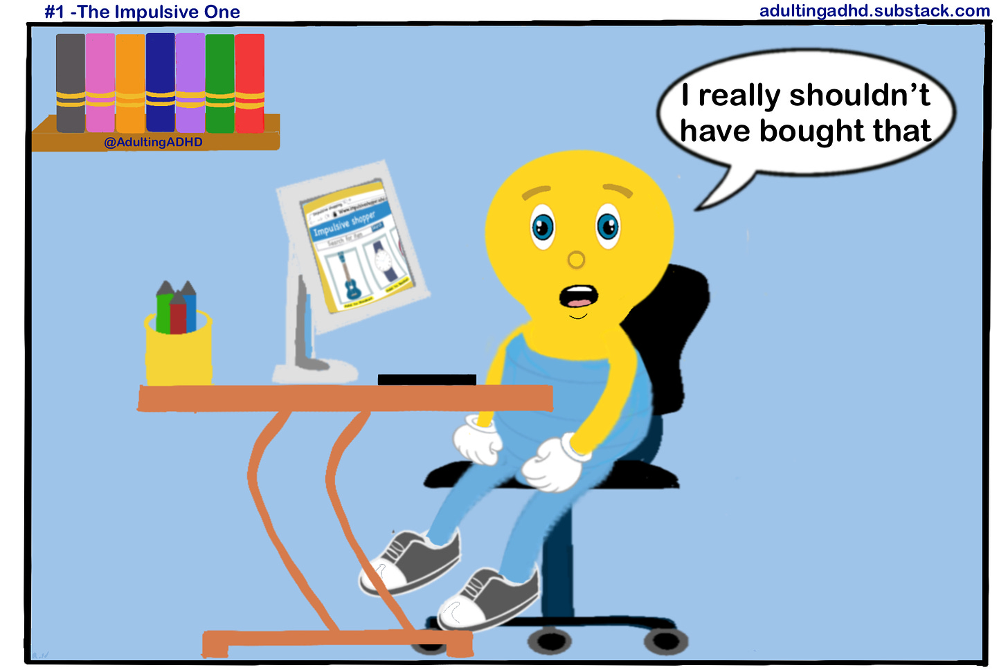 A character that's looks like a lightbulb with a human body and facial features, sat in a room at a desk that has a computer, a desk and a keyboard on it. There’s also a bookshelf with 7 books on it in the room. There is a speech bubble by the character which says “I really shouldn’t have bought that”.