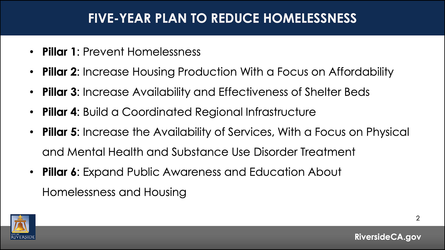 The six pillars of the five-year plan to reduce homelessness.