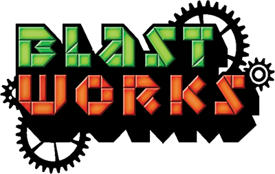 The Blast Works logo, featuring its blocky text as well as various gears.