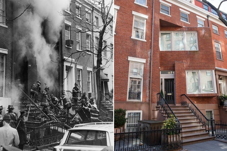 18 W. 11th St. in Greenwich Village was destroyed by an accidental Weather Underground explosion (left). It was then rebuilt with a much-debated angular design by the Langworthy family (right).