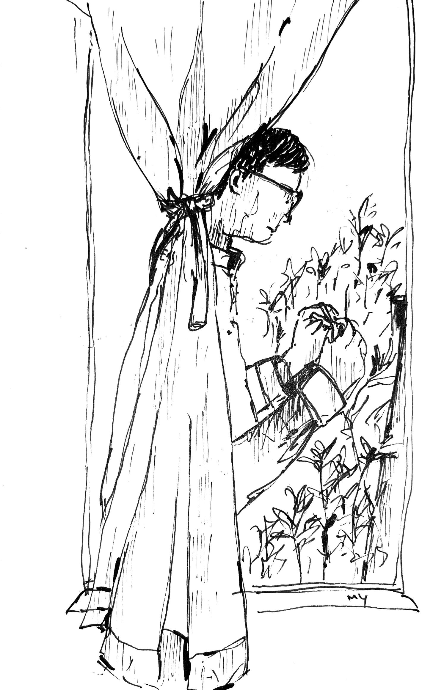 Image: A sketch with a black fine liner pen of a man partially seen outside the window with curtains, he’s enjoying the morning breeze on the patio, while trimming his fingernails.