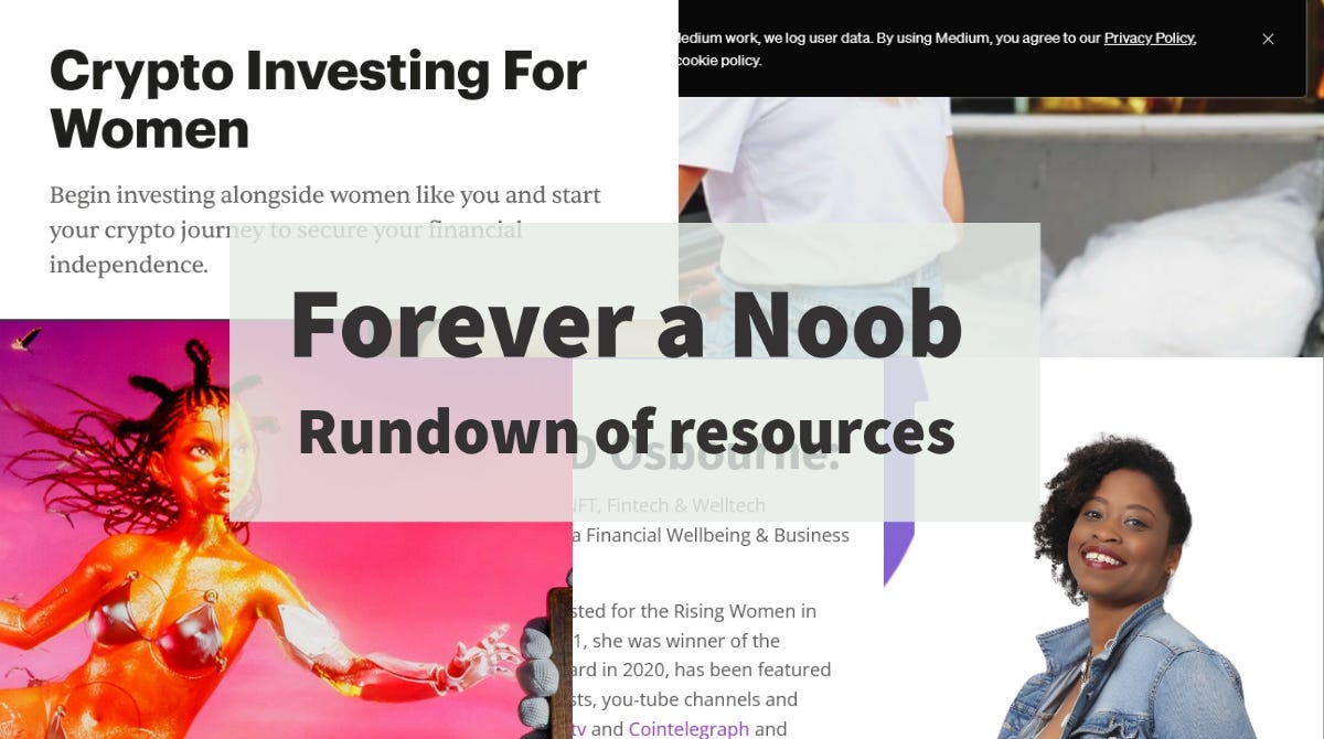 A collage of screenshots from websites. The upper left says "Crypto Investing for Women." The upper right is a screen capture of part of a cookies agreement. The bottom right is an image of a Black woman wearing red lipstick and light blue jean jacket. The bottom left image is of a sci fi style woman with a metal-looking bra and braided hair.