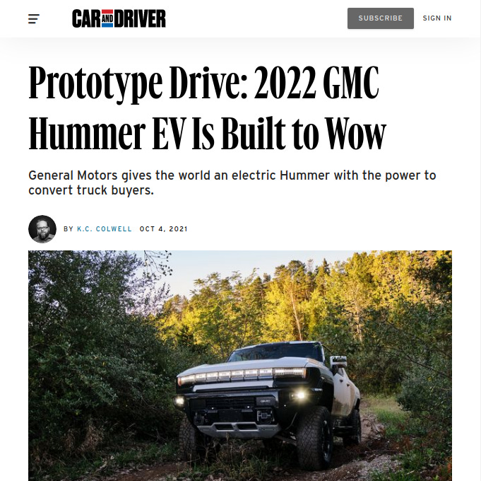 Car And Driver's positive review of Hummer EV