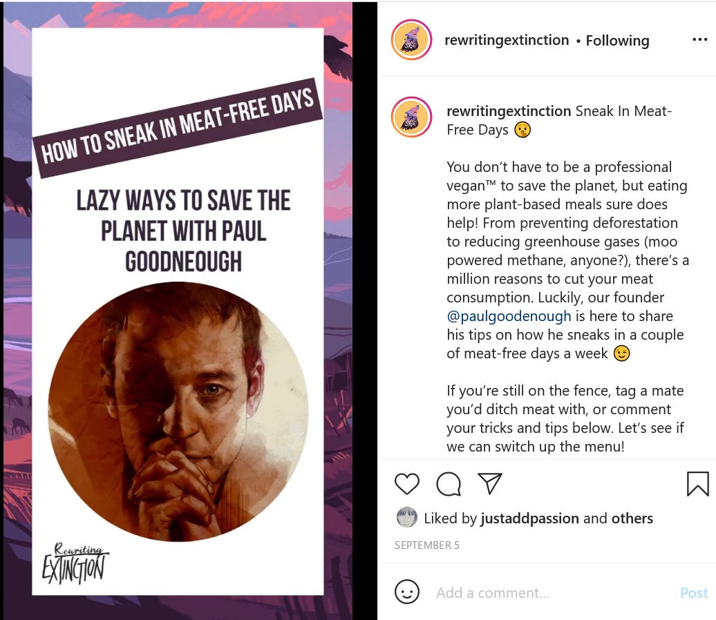 A screenshot of an Instagram post showing a Reel with the title 'How to sneak in meat-free days. Lazy ways to save the planet with Paul Goodenough'