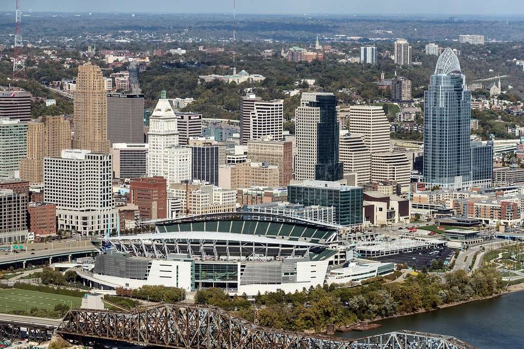 Aerial view of dowtown Cincinnati, Ohio from the Ohio River - PICRYL Public  Domain Image