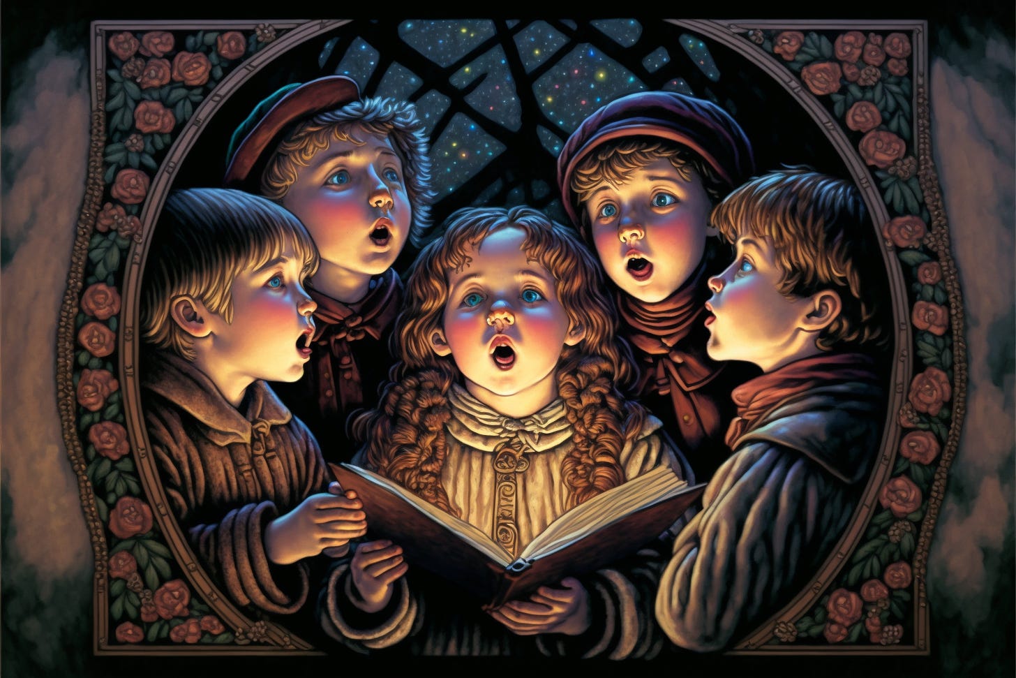 a sister and 4 brothers singing Christmas carols together