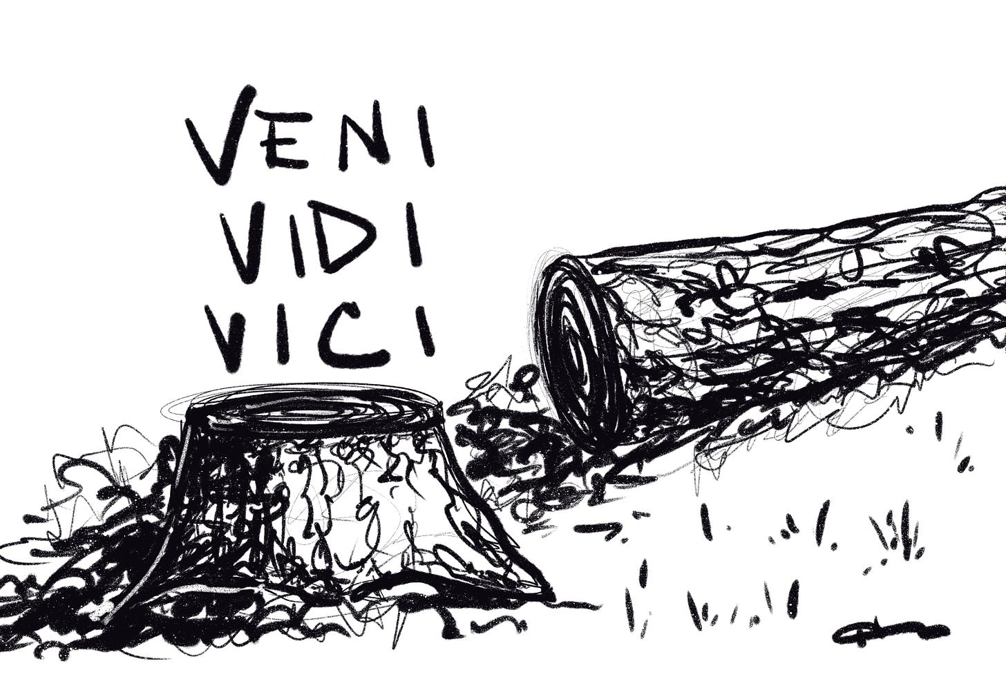A roughly drawn digital illustration of a tree laying next to it's stump with Julius Caesar's words Veni, vidi. vici written above. 