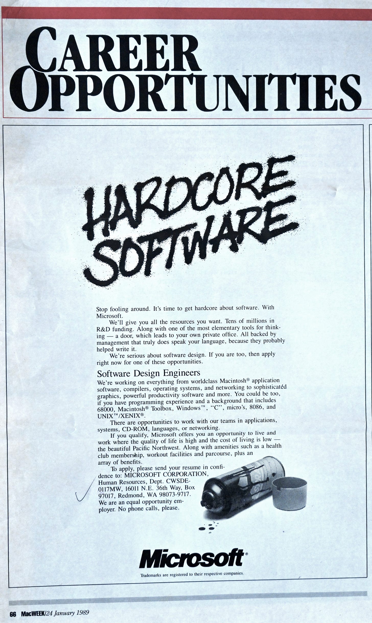 Page from magazine advertisement. Headline is "Career Opportunities"  The ad features a stylized like graffiti writing "Hardcore Software" and a description of the Software Design Engineer job.