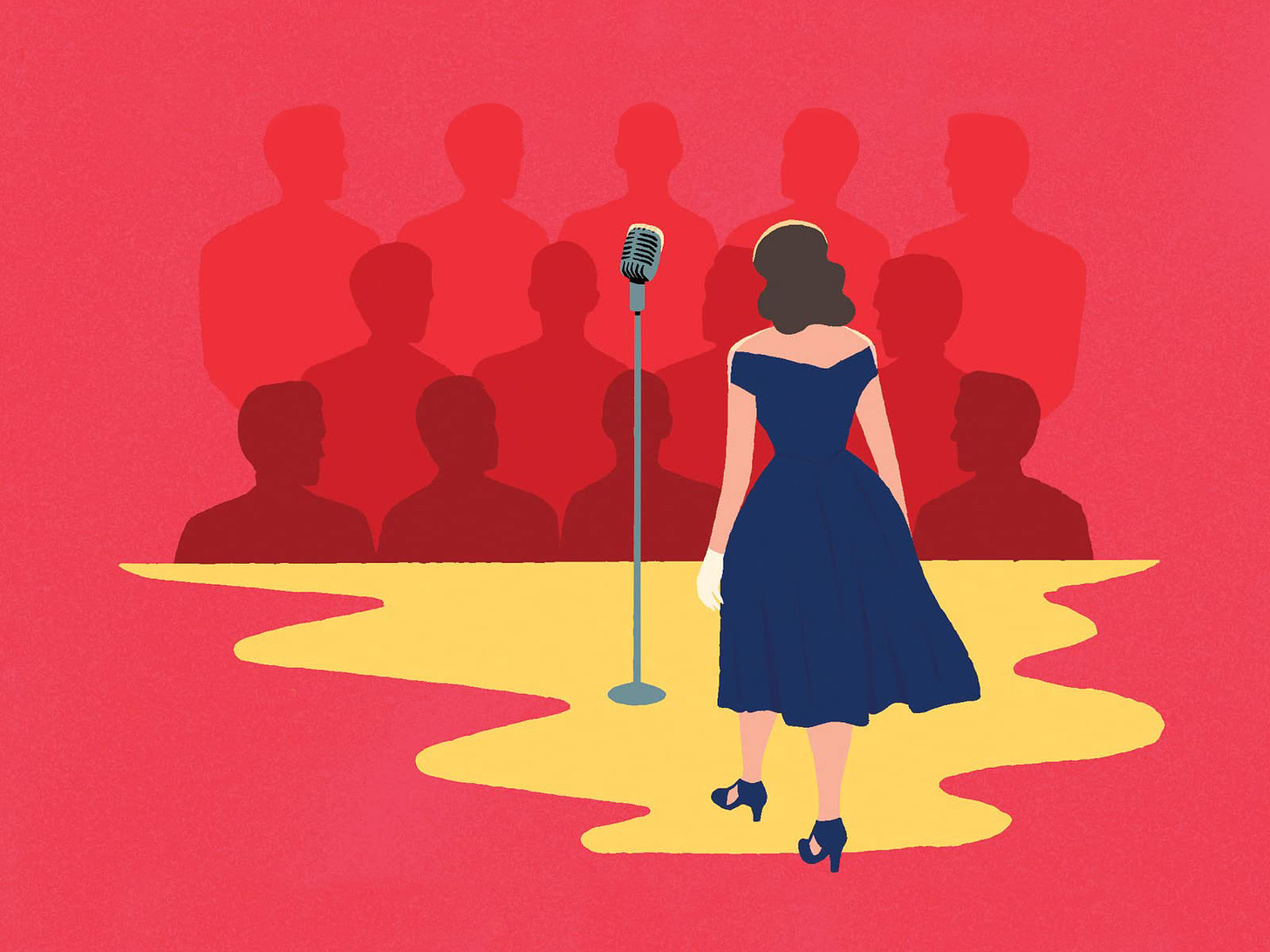 In a stylized illustration, we see a brown-haired woman in a blue dress from behind as she approaches a spotlit old-fashioned microphone before an audience of dim silhouetted men.