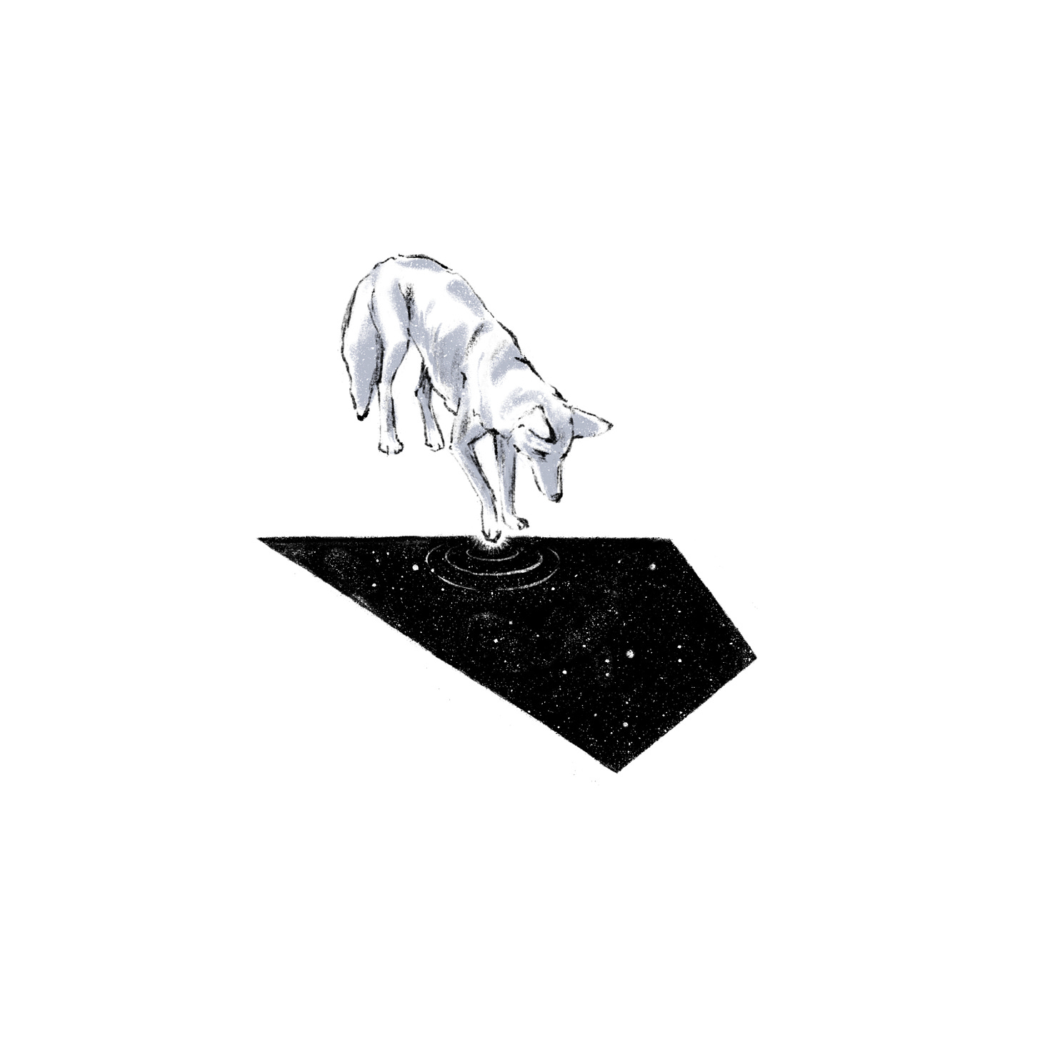 A drawing of a coyote with its paw on a black kite-shaped portal to outer space