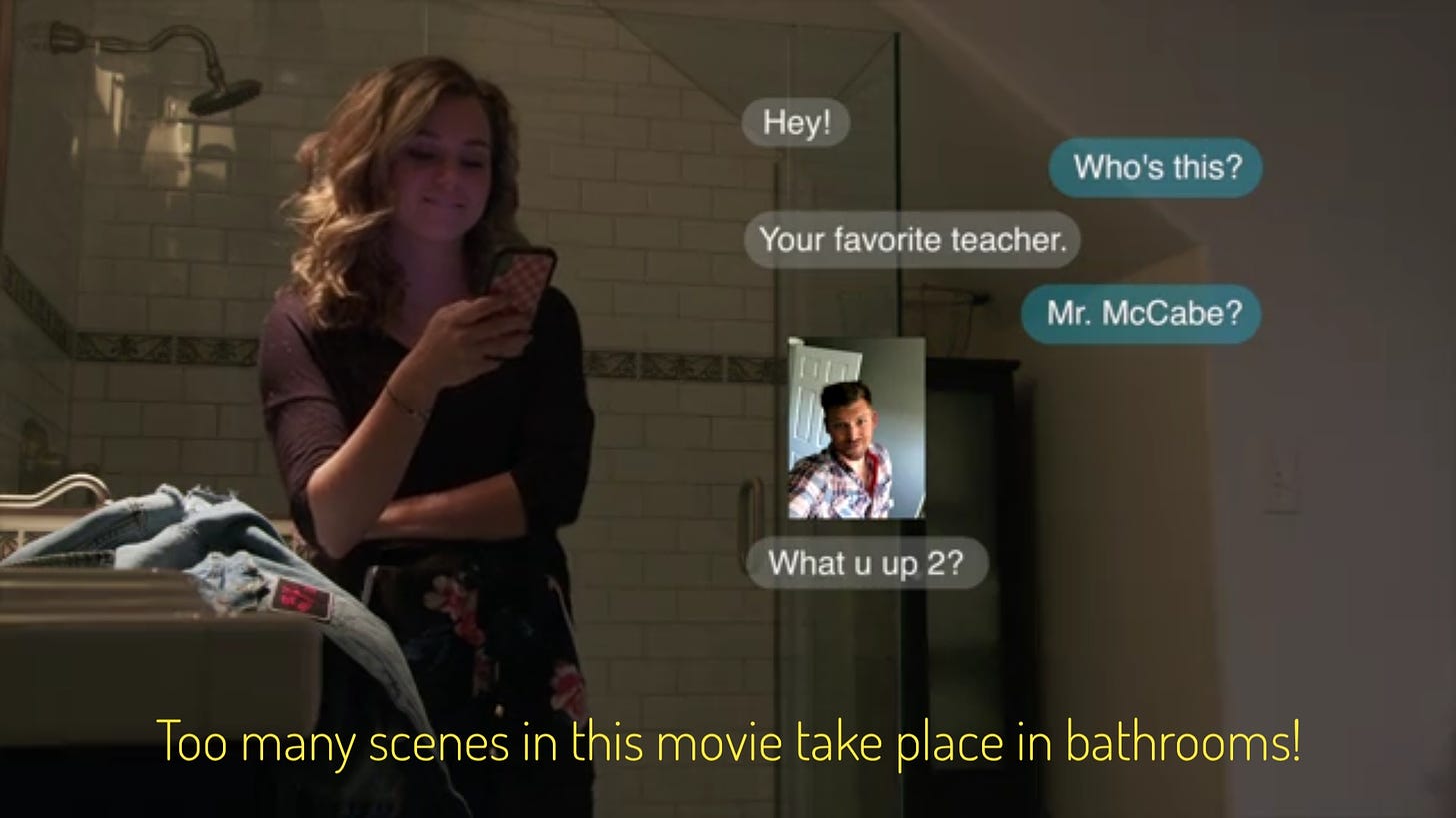 Kilee standing in the bathroom texting her teacher, with the caption "Too many scenes in this movie take place in bathrooms!"